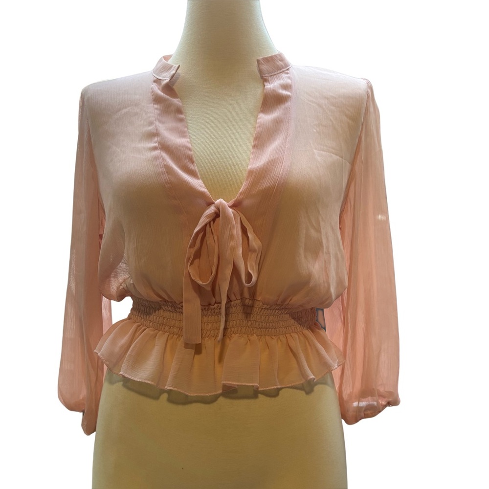 ASOS Sheer Blush Pink Tie Front Blouse Size 12 Chiffon Smocked Waist Peplum Top